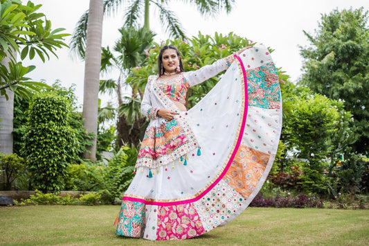 White Colour Maslin Cotton With Digital Print Real Mirror Navratri Special Lehenga Choli Set