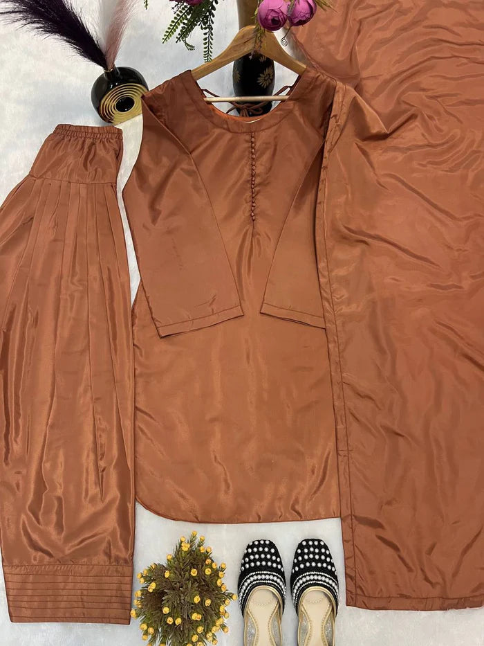 New Launching Natural Crep Silk Party Wear Look Top with Farshi Salwar And Natural Crep Silk Fancy border Dupatta