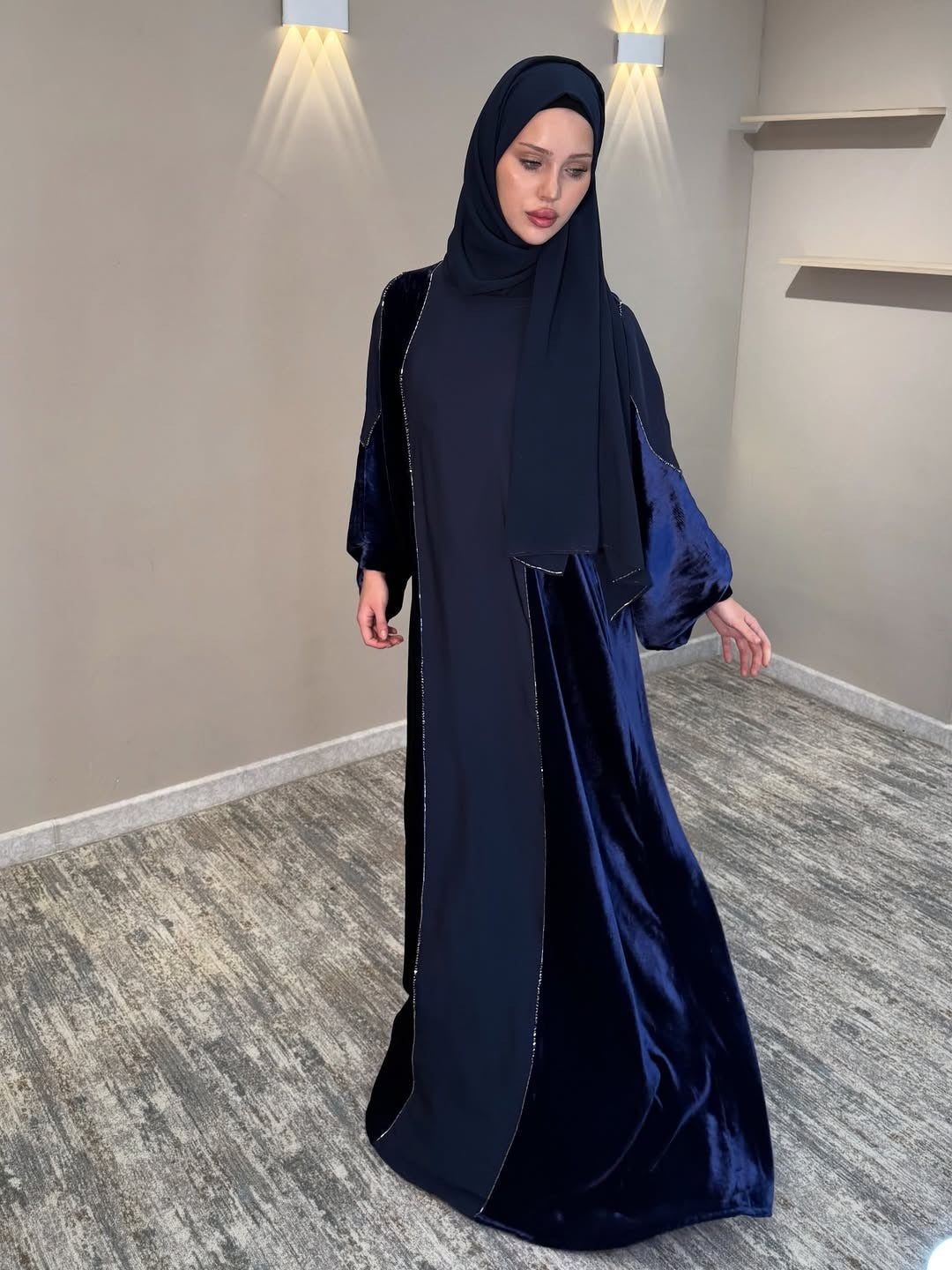 Imported Velvet & Seltos Abaya Elegant Navy Blue Designer Islamic Wear