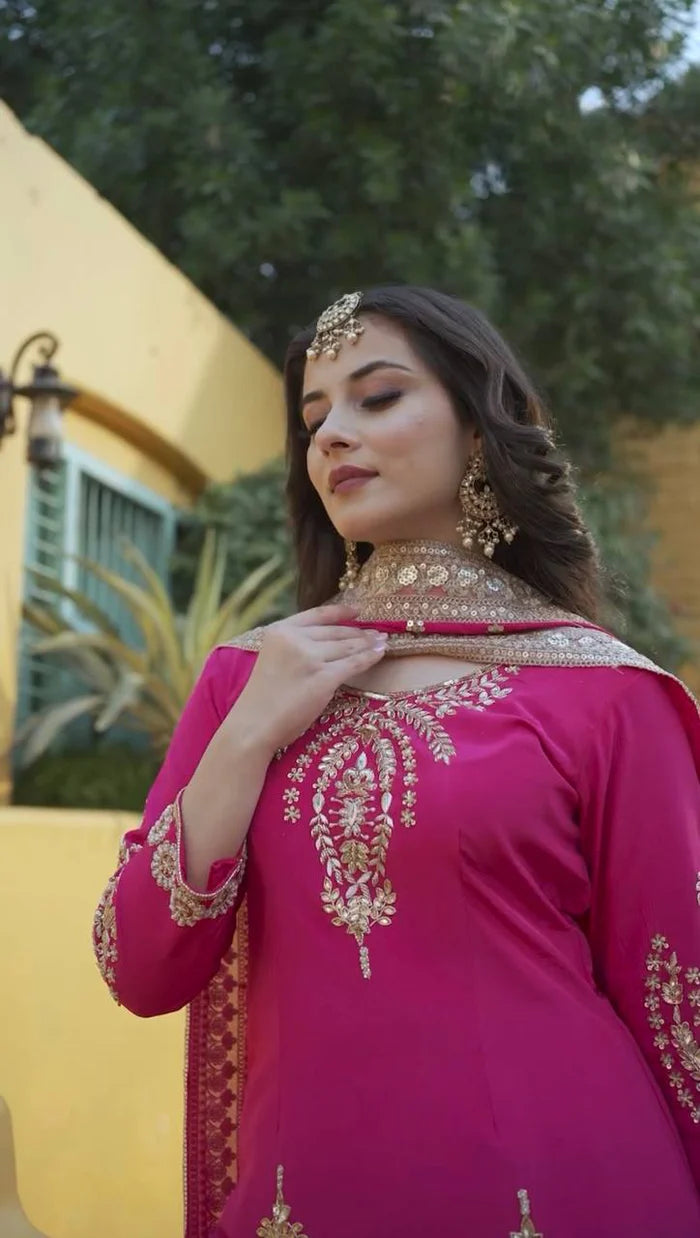 Elegant Chinon Silk Kurti Sharara Set with Embroidered Dupatta