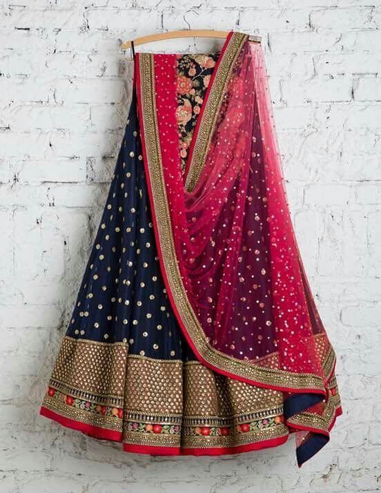 Navy Blue & Red Attractive Lehnga Choli With Dupatta