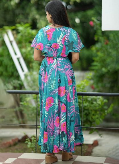 Turquoise Floral Printed Georgette Party Wear Dress