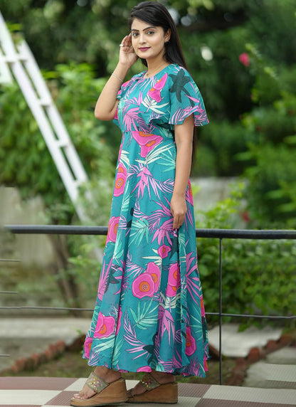 Turquoise Floral Printed Georgette Party Wear Dress