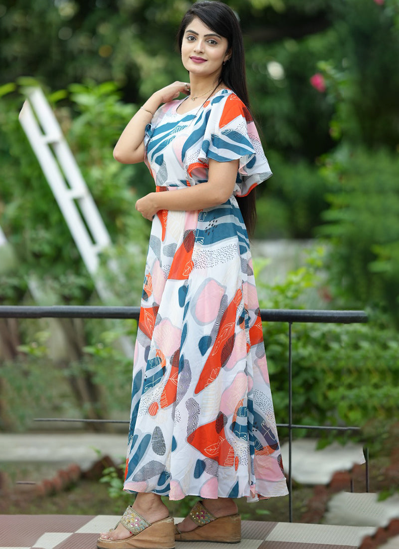 White Georgette Dress With Abstract Print For Party Wear