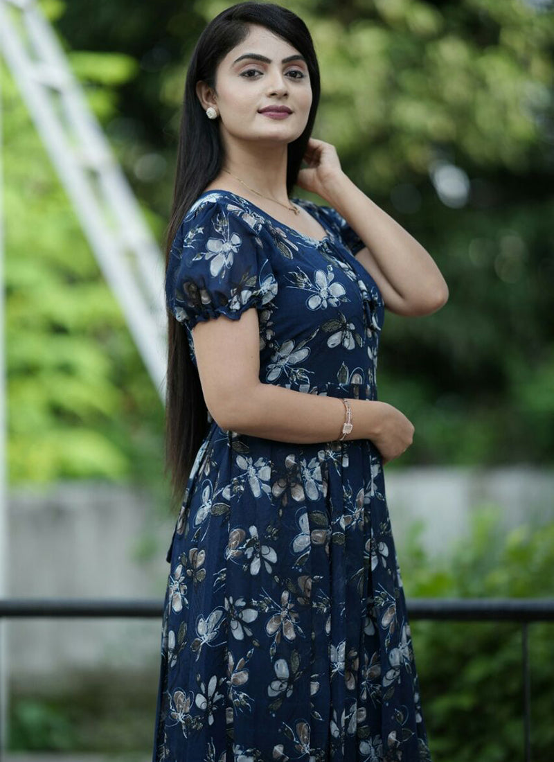 Amusing Royal Blue Floral Printed Georgette Maxi Dress