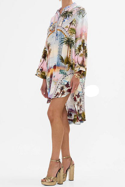 Resort Wear Palm Print Shirt Dress