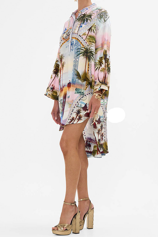 Resort Wear Palm Print Shirt Dress