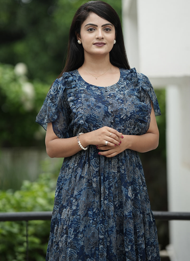 Blue Georgette Abstract Printed Festive Dress