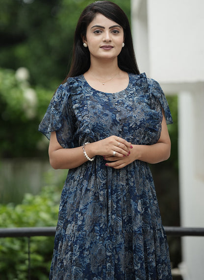 Blue Georgette Abstract Printed Festive Dress