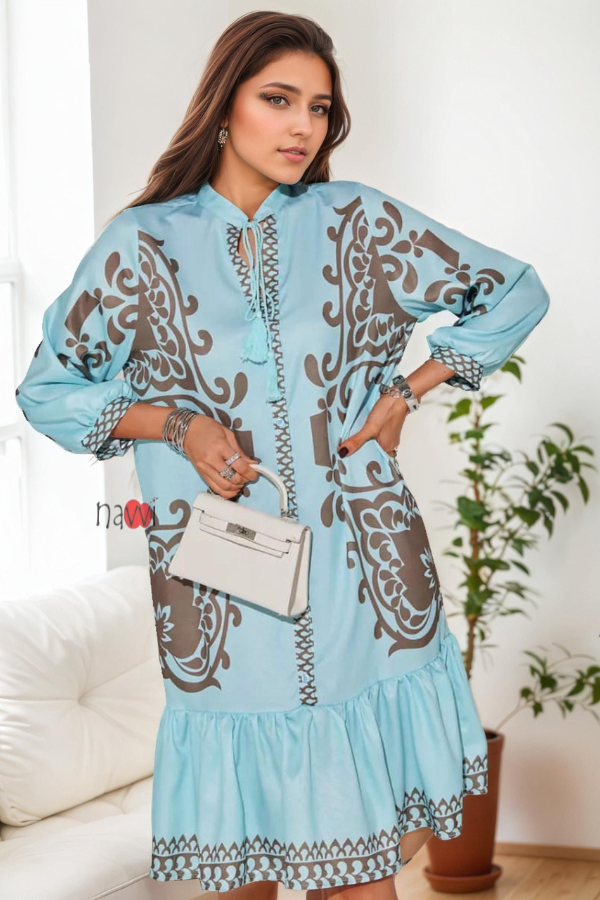 Azure Sky Blue Boho Ruffle Dress