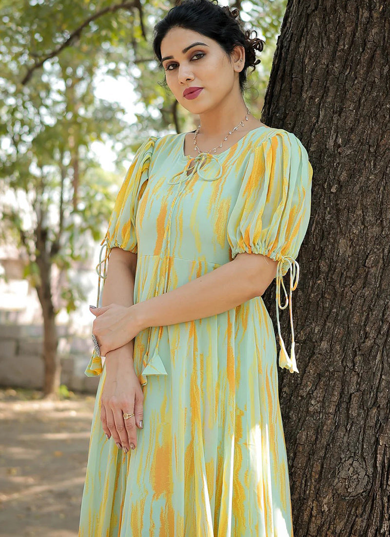 Lemon Yellow Georgette Floral Printed Party Wear Maxi Dress