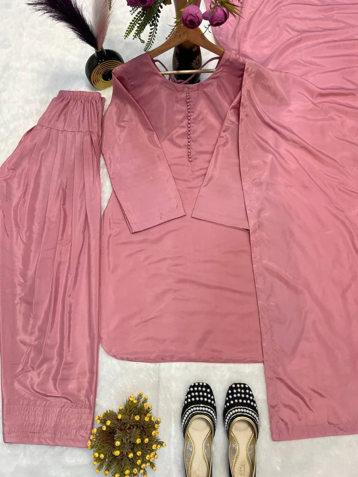 New Launching Natural Crep Silk Party Wear Look Top with Farshi Salwar And Natural Crep Silk Fancy border Dupatta