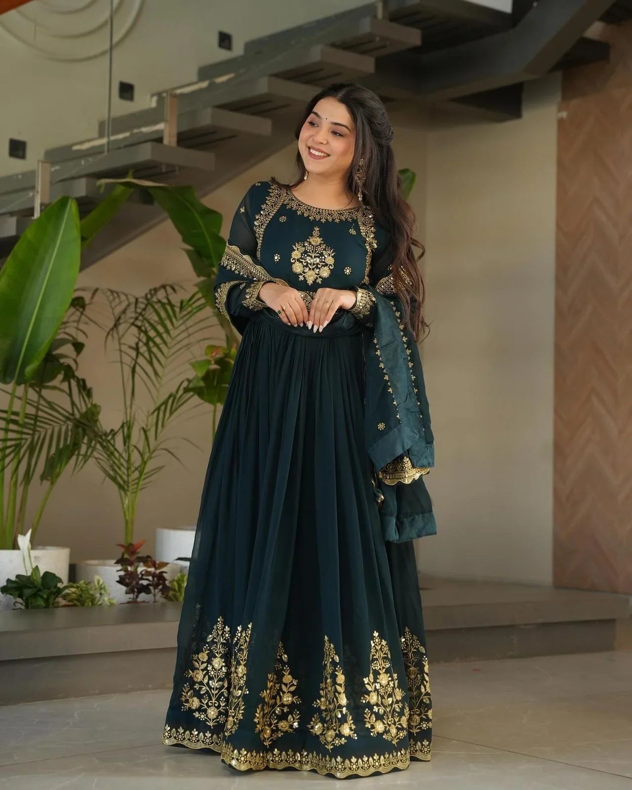 Designer Heavy Work Teal Green Color Gown