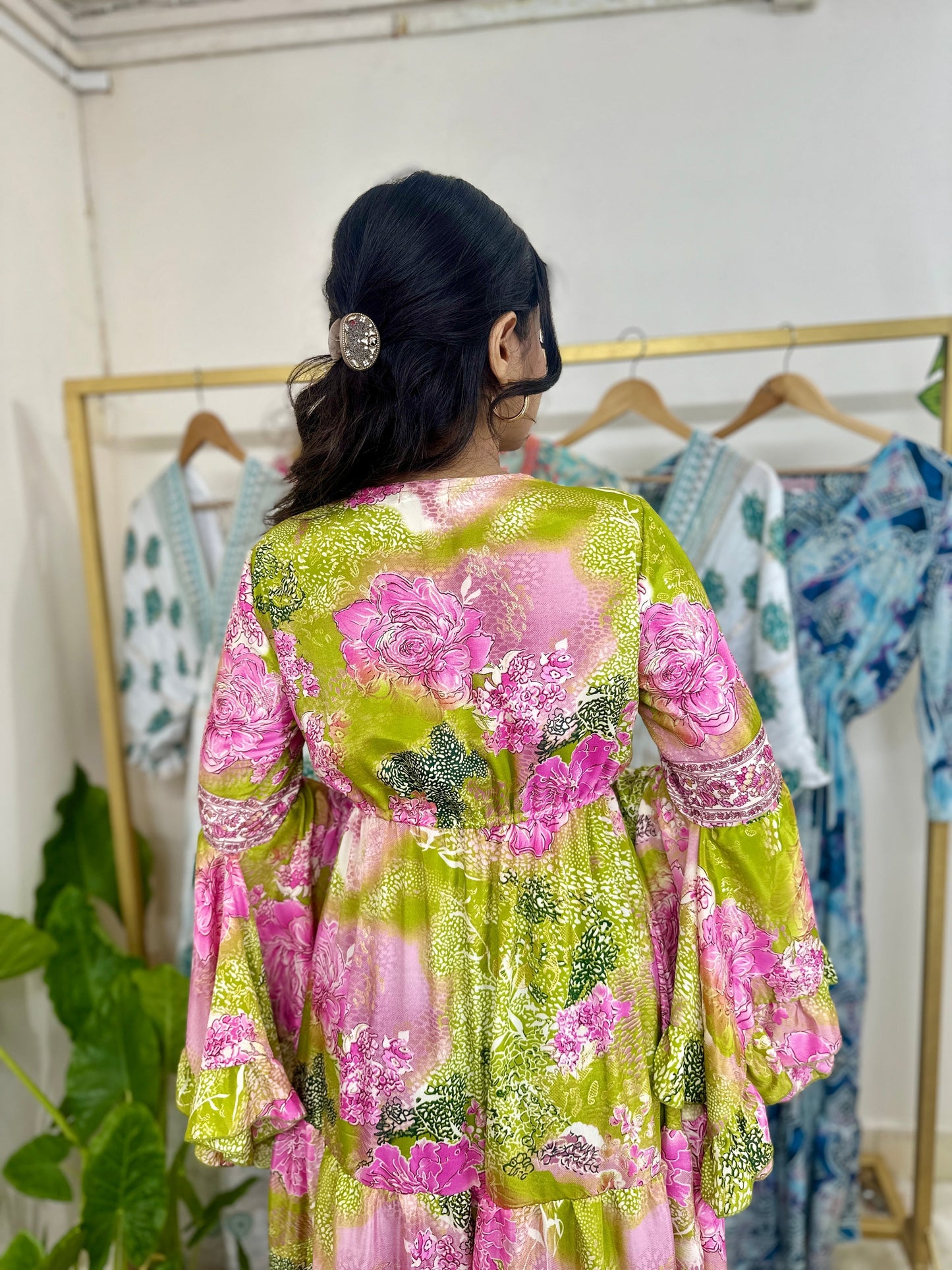 Boho Green Floral Foil Printed Long Dress Ruffle Sleeves