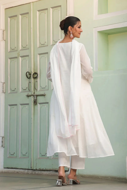 Off-White Embroidered Cotton Kurta Set for Women