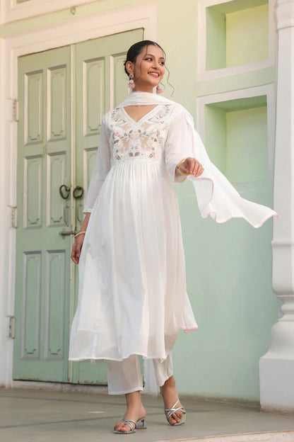 Off-White Embroidered Cotton Kurta Set for Women