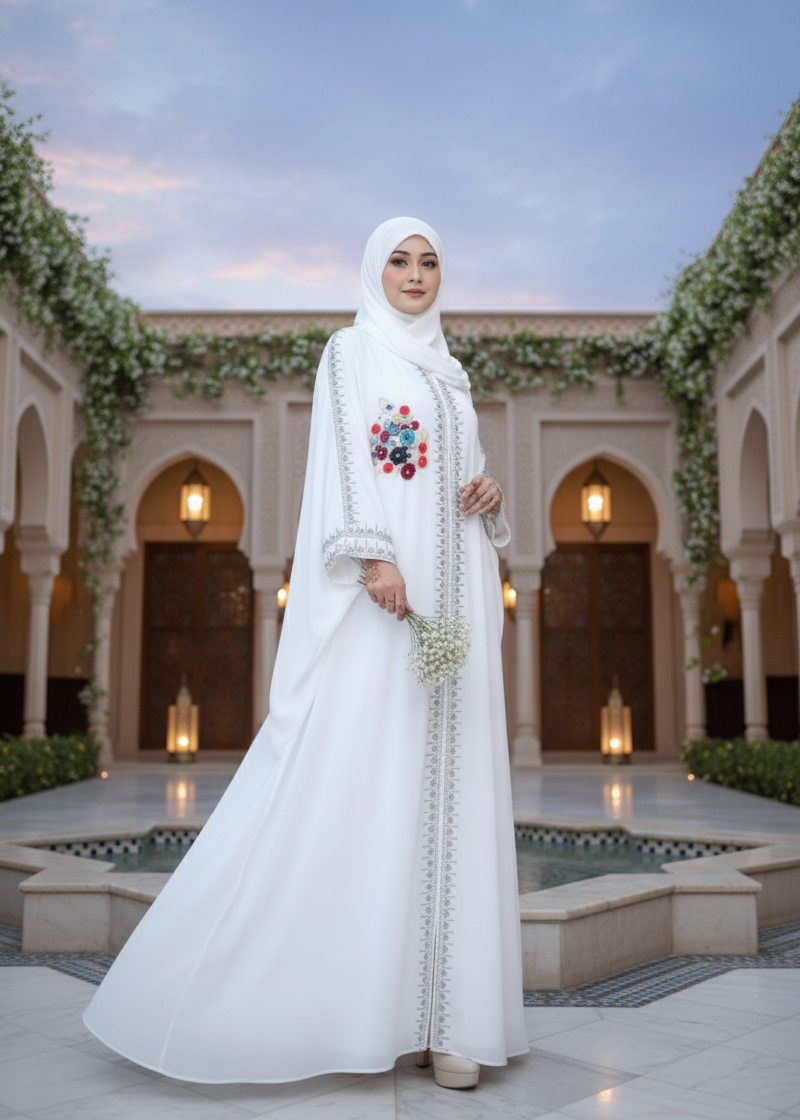 The White Farasha Blossom Abaya