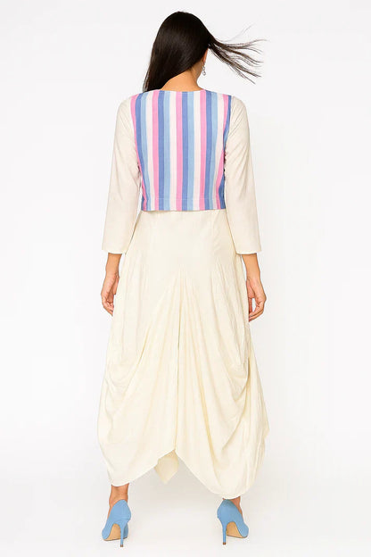 Ivory Cowl Dress with Striped Jacket