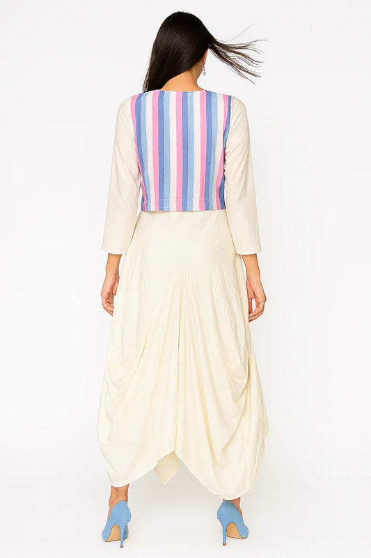 Ivory Cowl Dress with Striped Jacket