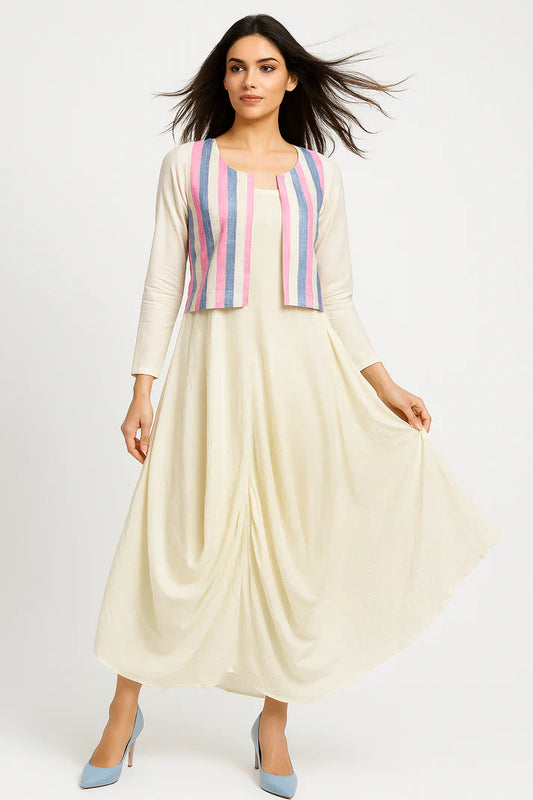 Ivory Cowl Dress with Striped Jacket