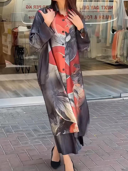 lusailstore - Women's lapel button-down printed shirt long coat and pants set