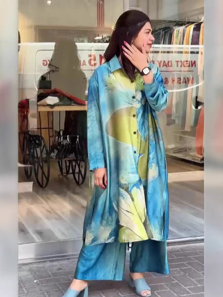 lusailstore - Women's lapel button-down printed shirt long coat and pants set