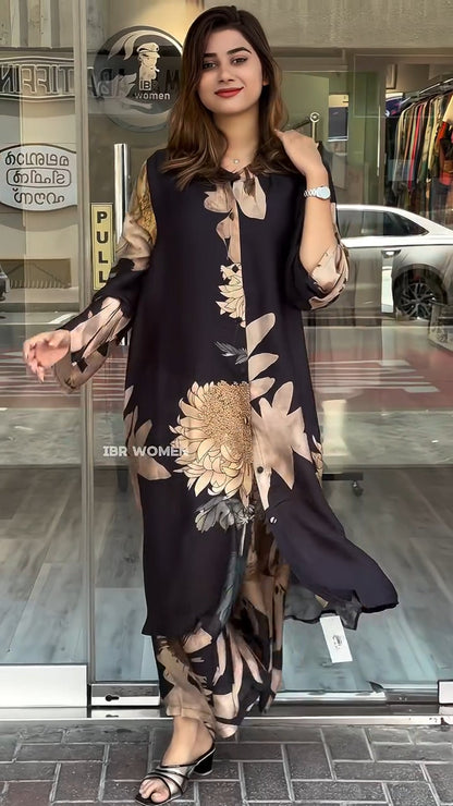 lusailstore - Women's lapel button-down printed shirt long coat and pants set