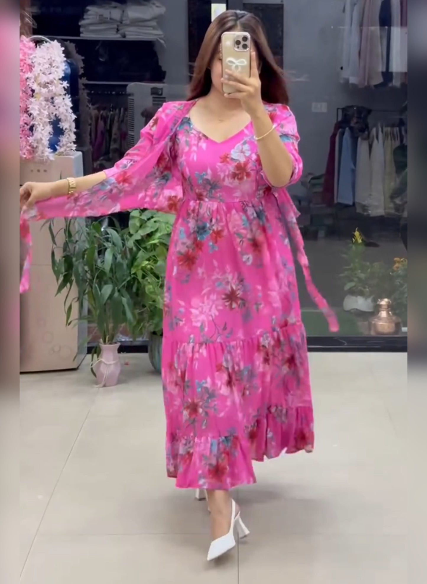 PAJJI-Flared Tiered Georgette Gown with Jacket