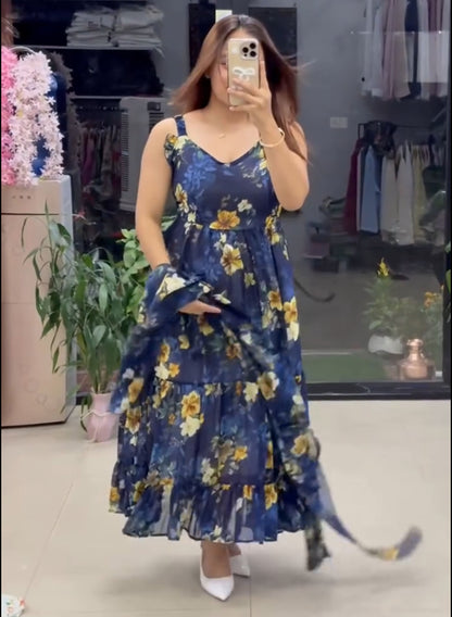 PAJJI-Flared Tiered Georgette Gown with Jacket