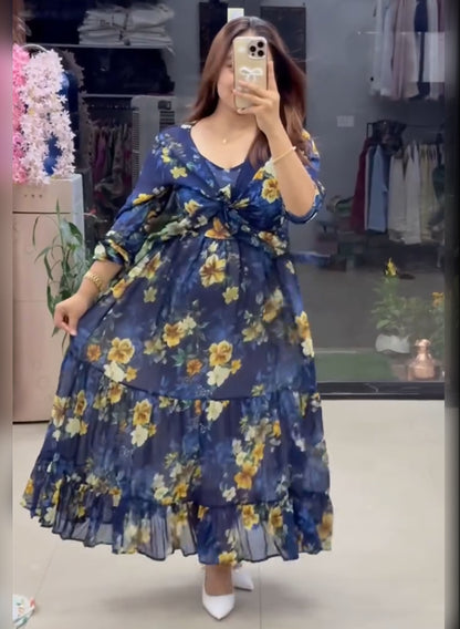 PAJJI-Flared Tiered Georgette Gown with Jacket