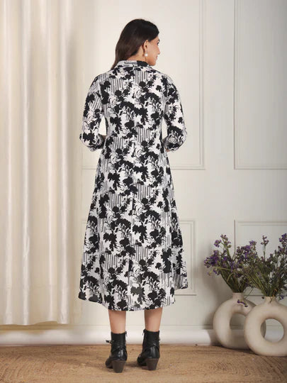 Soft Cotton Abstract Flared Black Dress
