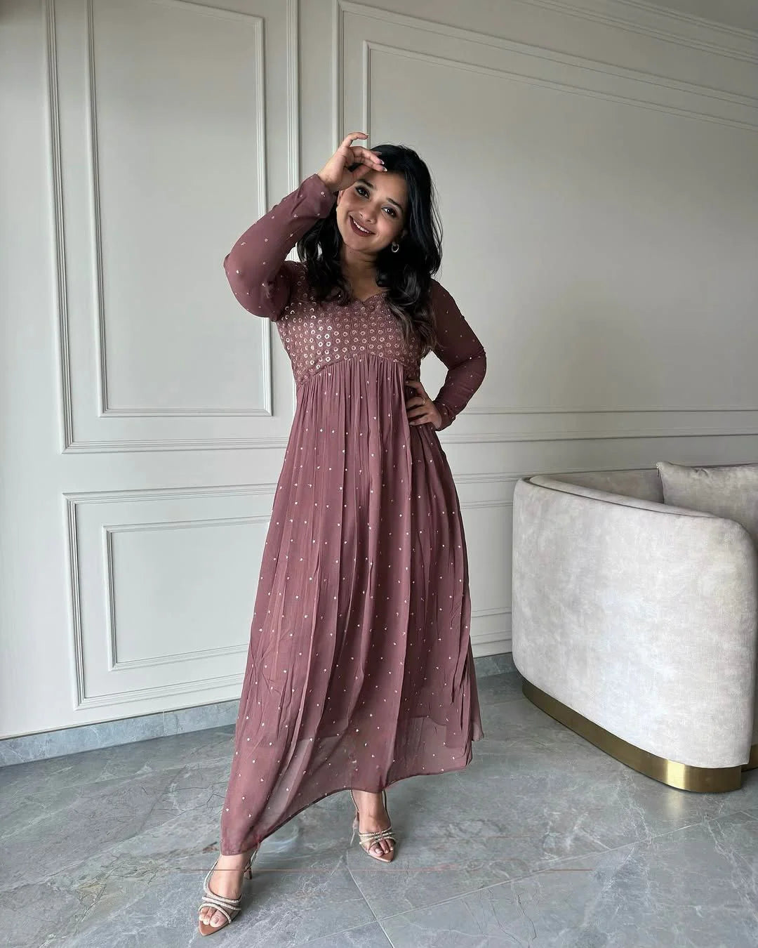 Kasula Luxury Brawn Satin Party Wear Gown