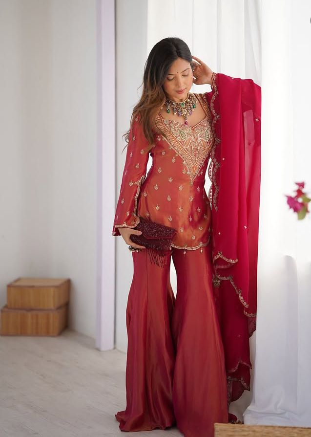 Latest Designer Embroidery Work Sharara Suit For Festival