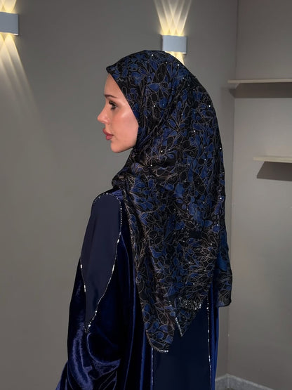 Imported Velvet & Seltos Abaya Elegant Navy Blue Designer Islamic Wear