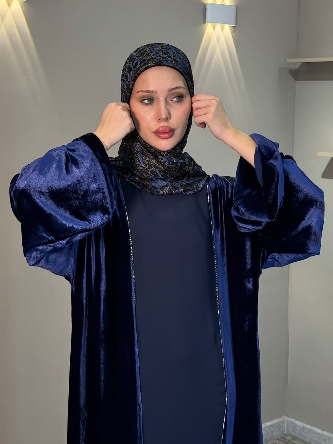 Imported Velvet & Seltos Abaya Elegant Navy Blue Designer Islamic Wear