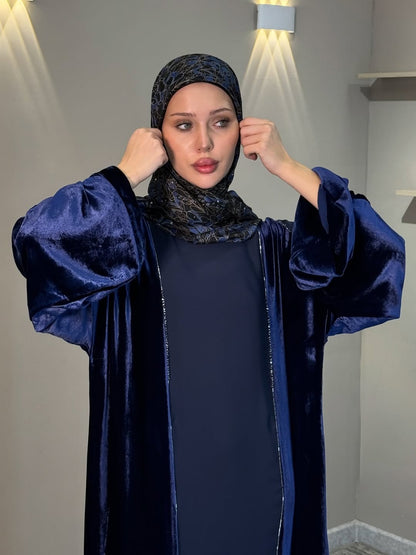 Imported Velvet & Seltos Abaya Elegant Navy Blue Designer Islamic Wear