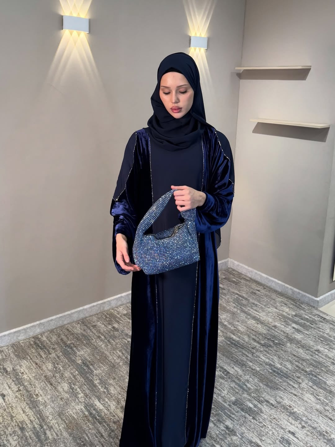 Imported Velvet & Seltos Abaya Elegant Navy Blue Designer Islamic Wear