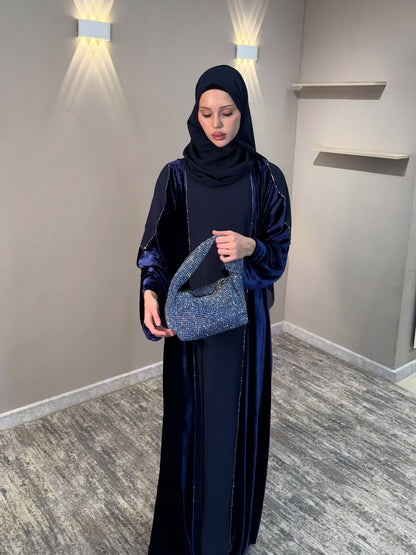 Imported Velvet & Seltos Abaya Elegant Navy Blue Designer Islamic Wear