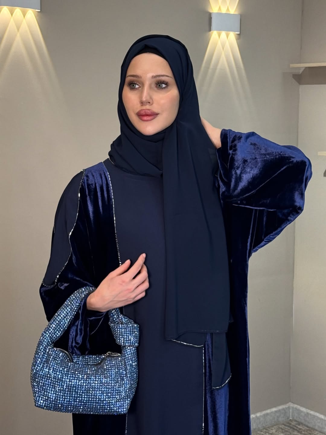 Imported Velvet & Seltos Abaya Elegant Navy Blue Designer Islamic Wear