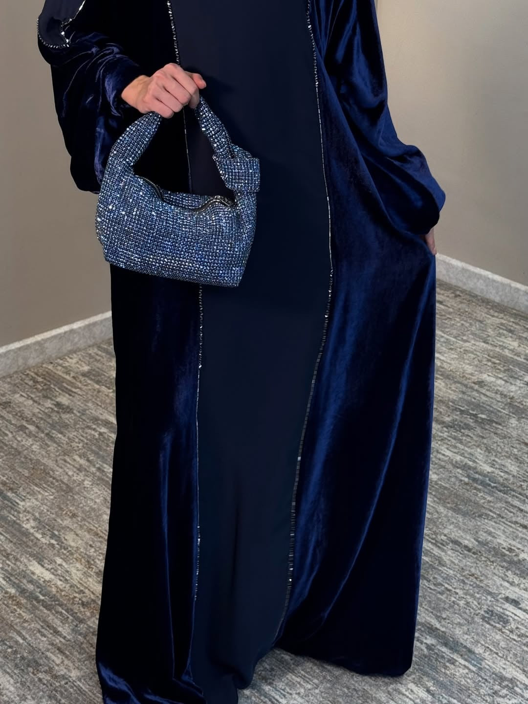 Imported Velvet & Seltos Abaya Elegant Navy Blue Designer Islamic Wear