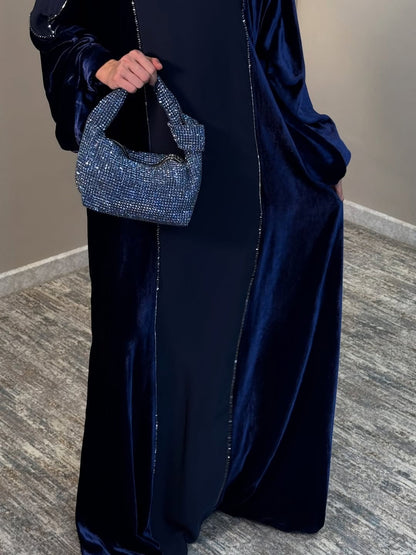 Imported Velvet & Seltos Abaya Elegant Navy Blue Designer Islamic Wear