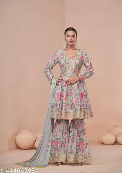 Floral Chinon Print Anarkali Suit with Dupatta