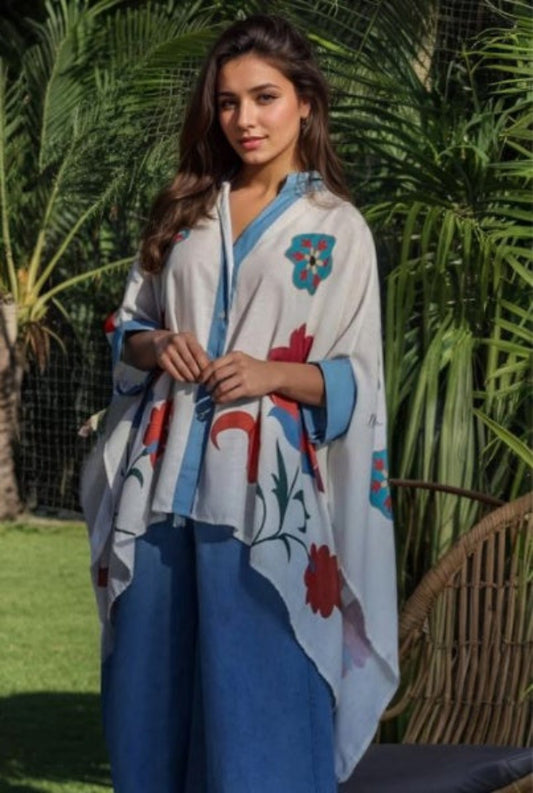 Blue Aura Artistic Flower Printed Loose-Shirt