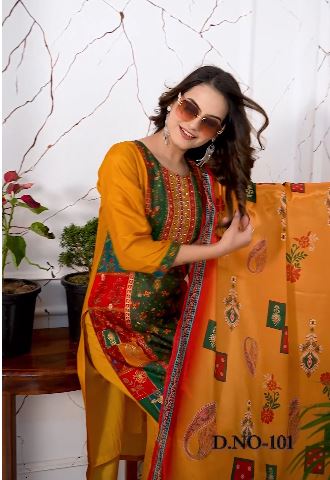 Ethnic Printed & Embroidered Straight Fit Kurta with Pant and Dupatta