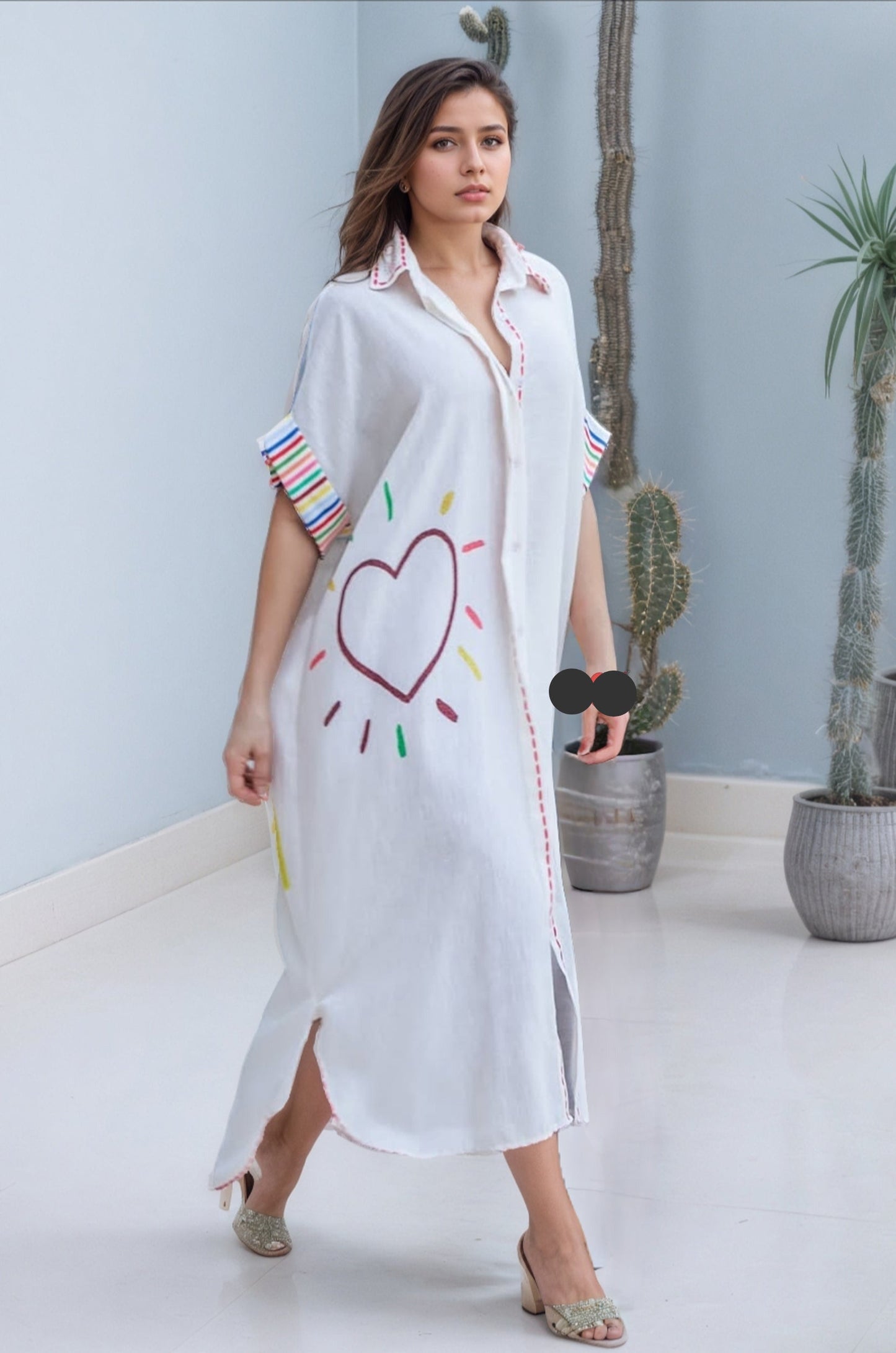 Happy Soul Heart Art Printed Breezy Shirt Dress