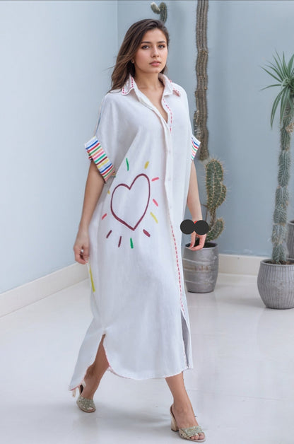 Happy Soul Heart Art Printed Breezy Shirt Dress