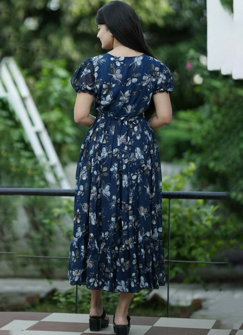 Amusing Royal Blue Floral Printed Georgette Maxi Dress