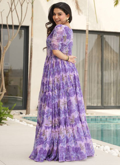 Purple Flower Printed Georgette Party Wear Dress