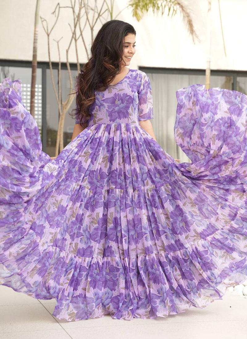 Purple Flower Printed Georgette Party Wear Dress
