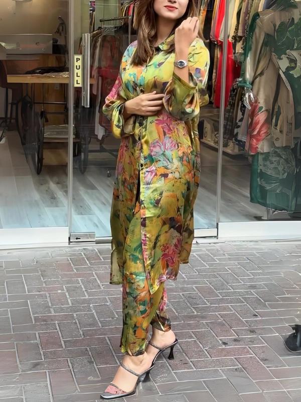 lusailstore - Women's lapel button-down printed shirt long coat and pants set